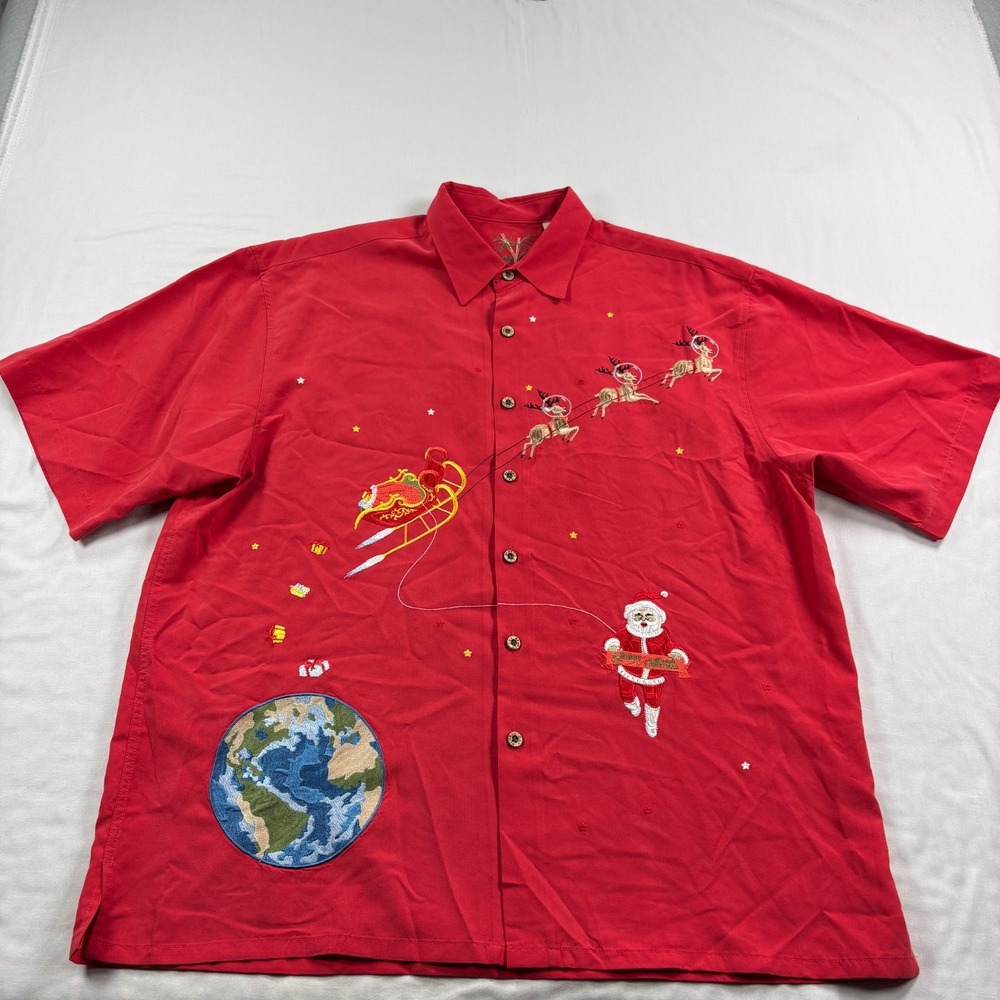 Bamboo Cay Hawaiian Shirt Mens Large Red Christmas Santa Embroidered Camp
